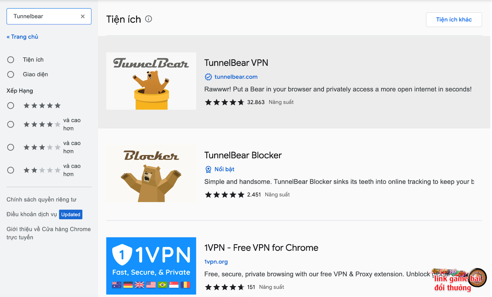 Tìm kiếm TunnelBear trên cửa hàng ứng dụng Chrome trực tuyến
